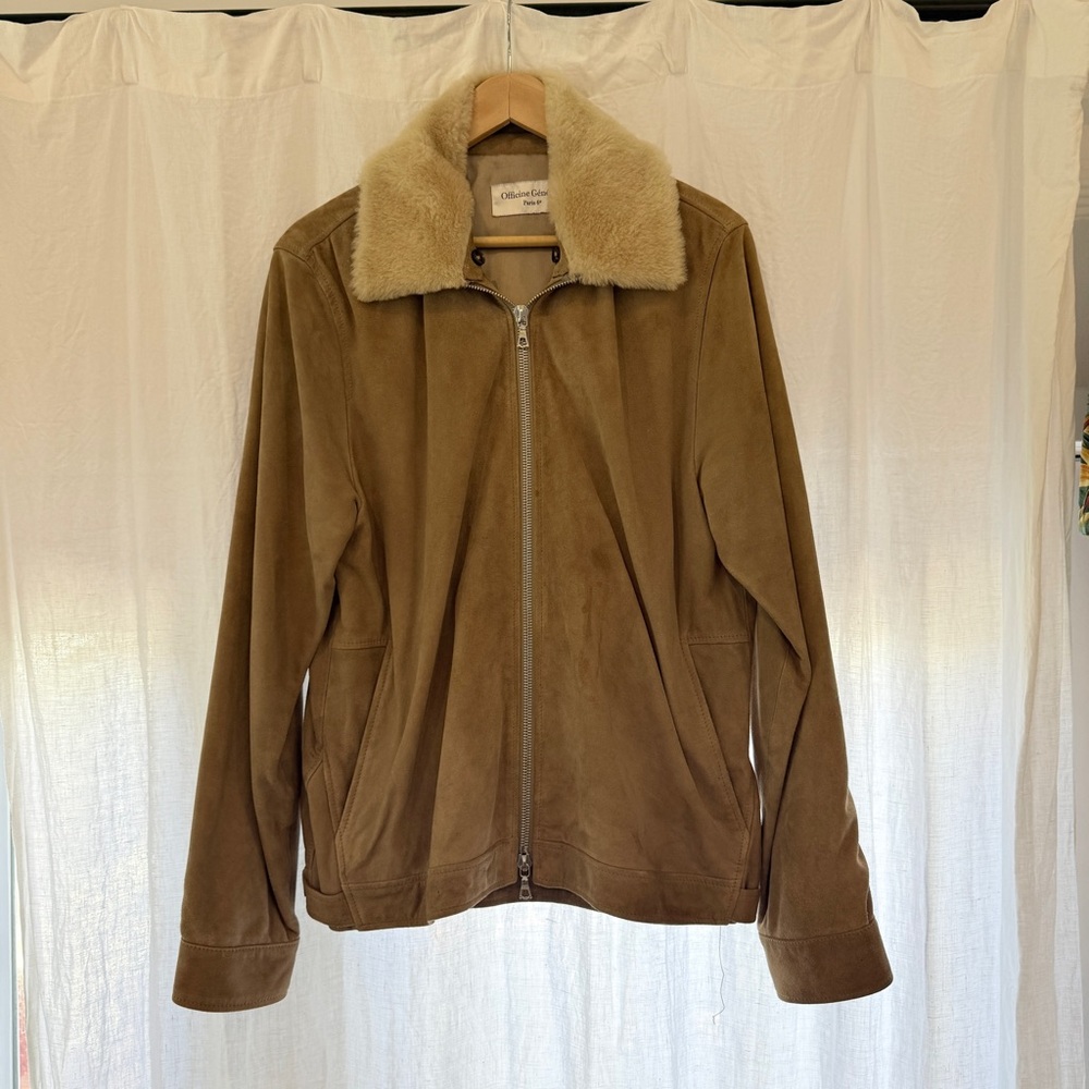 Officine Generale Tan Suede Leather Bomber Jacket with Removable Fur Collar